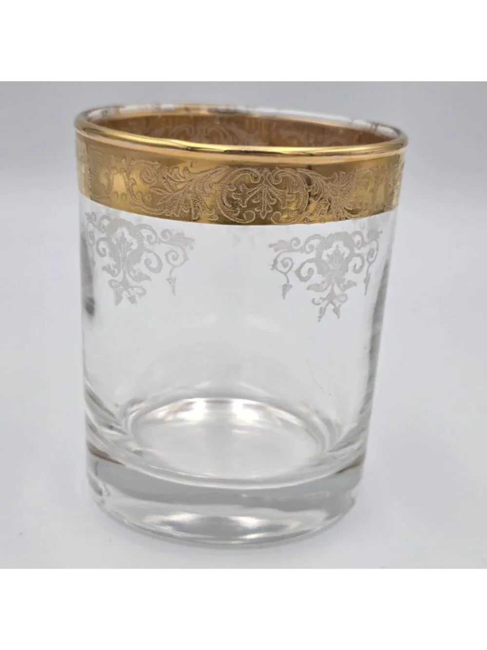 Old Fashioned by Cellini Gold Rim Etched Glass Tumbler With Floral Scroll Design
